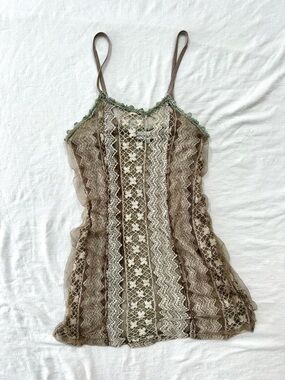Pretty Angel Silk Blend Lace Slip Cami Dress— sheer taupe fairy grunge size L/XL